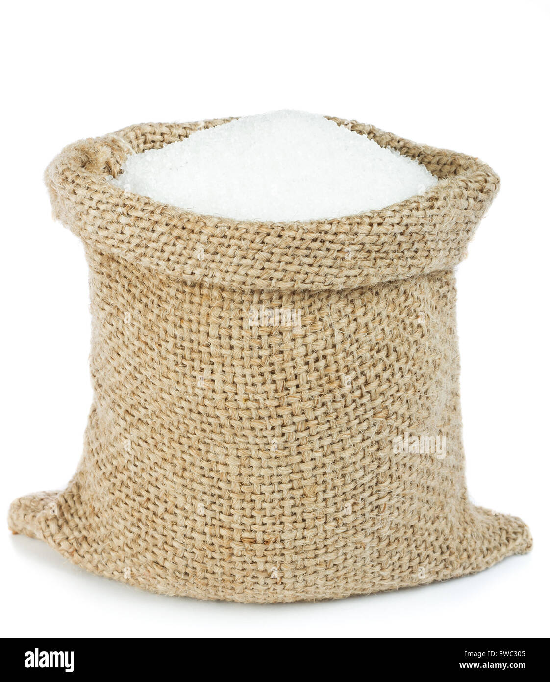 White sugar in burlap bag Stock Photo