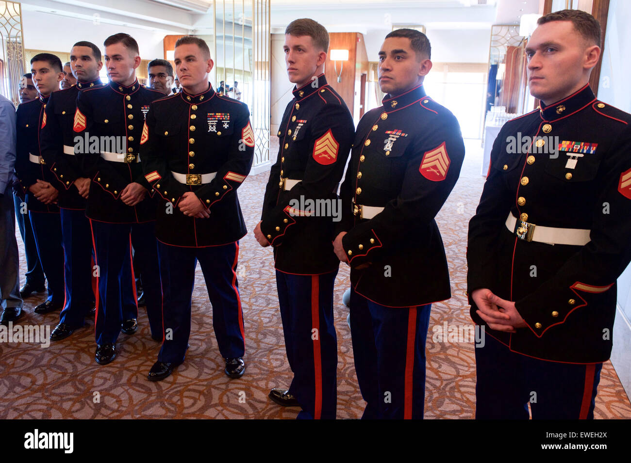 Members of the Marine Security Guard detachment watch U.S. Secretary of State John Kerry as he addressed employees and family members from U.S. Embassy Sri Lanka on May 3, 2015, in Colombo, Sri Lanka. Stock Photo