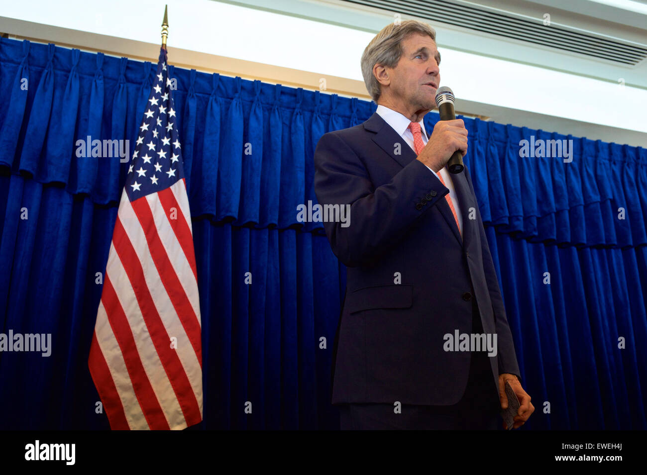 U.S. Secretary of State John Kerry addresses employees and family members from U.S. Embassy Sri Lanka on May 3, 2015, in Colombo, Sri Lanka, as the Secretary paid the first official visit to the island-nation by someone in his office in 43 years. Stock Photo