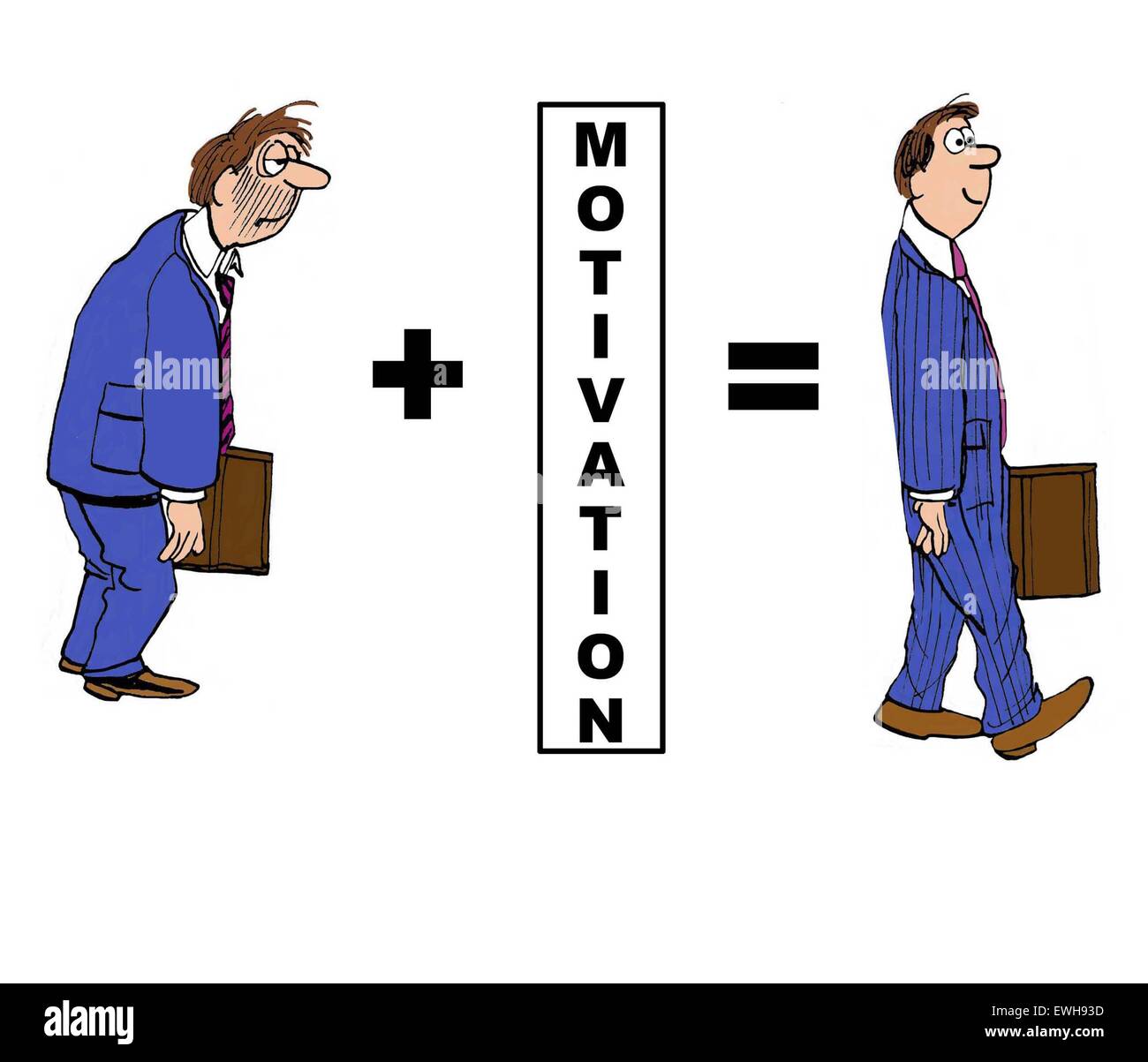 Business cartoon showing the positive impact of 'motivation' on the businessman. Stock Photo