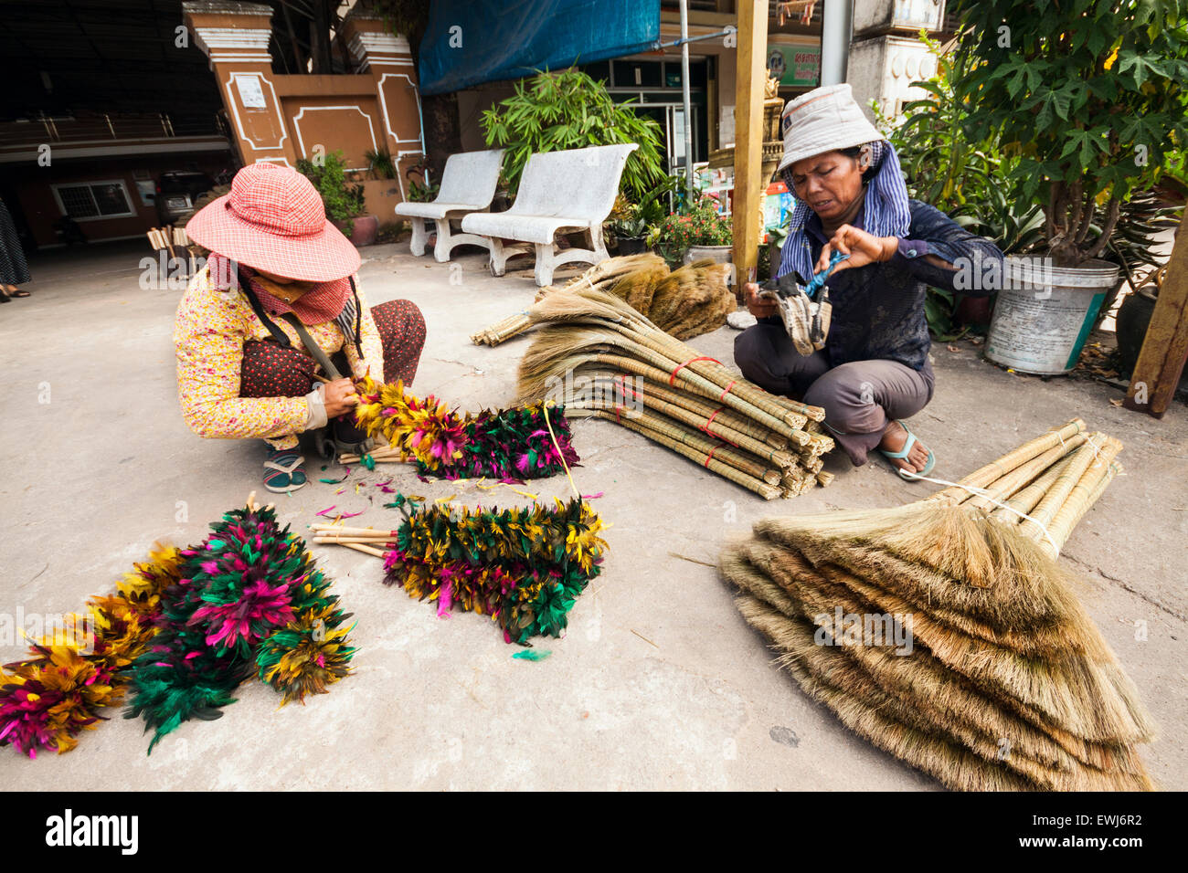 Cambodian vendors selling handmade brooms. Stock Photo