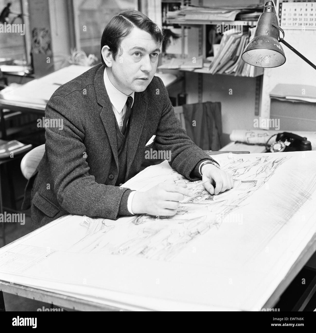 Paul Allen BBC set designer for the BBC science fiction series Dr Who 'Seeds of Death'  story, seen here in his office at the BBC Lime Grove studios in West London. 27th January 1969 Stock Photo