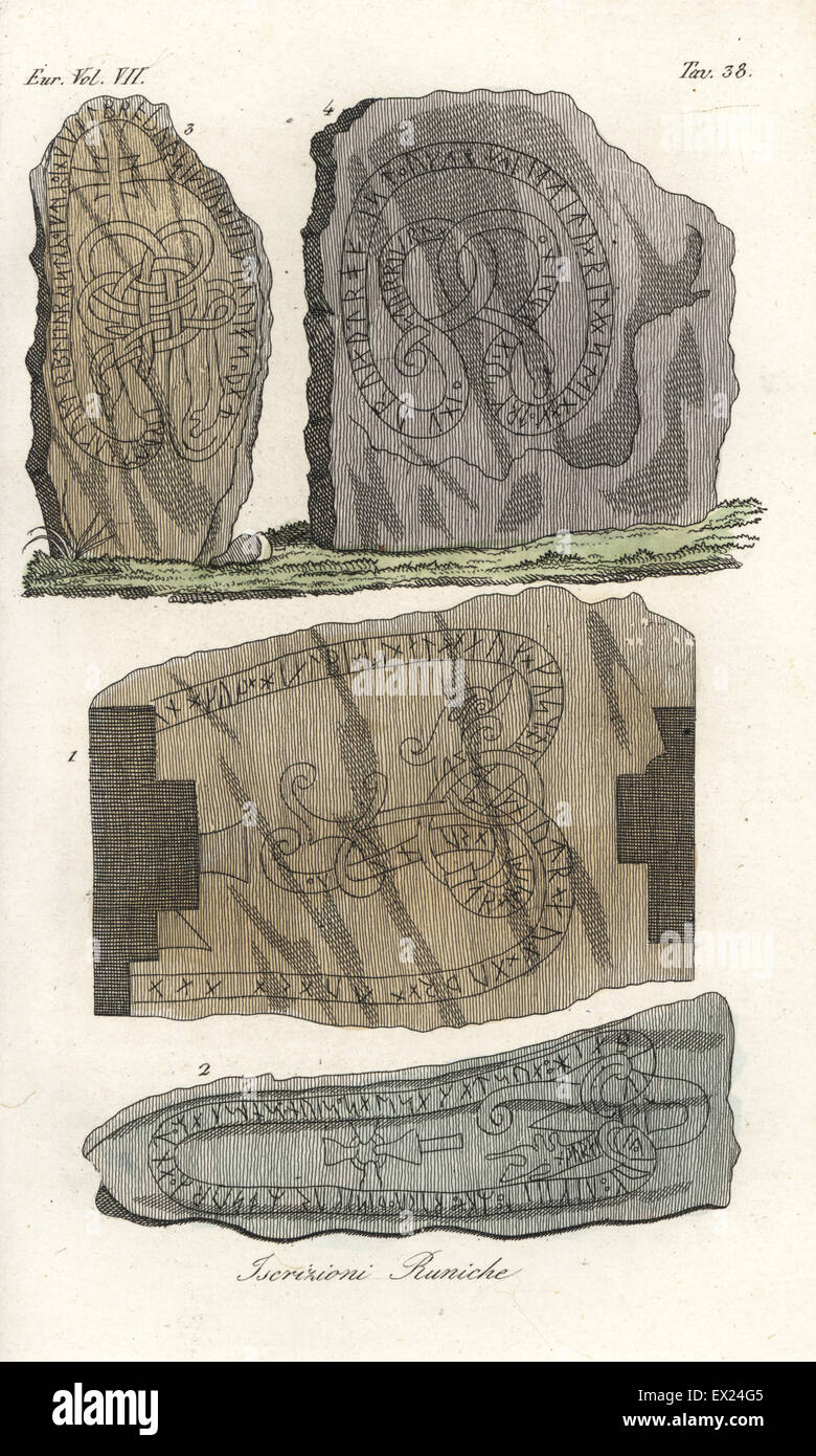 Runic inscriptions left by the Vikings in Britain. Handcoloured copperplate engraving from Giulio Ferrario's Costumes Ancient and Modern of the Peoples of the World, Florence, 1847. Stock Photo