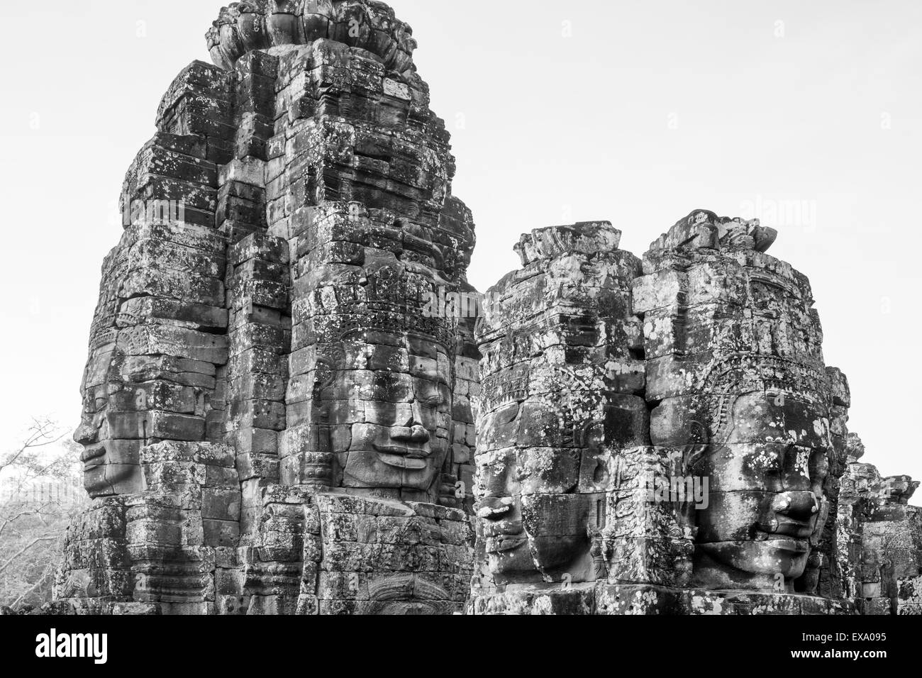 Asia, Cambodia, Siem Reap, Stone carvings of the 12th century Buddhist King Jayavarman VII at Bayon Temple at Angkor Wat Stock Photo