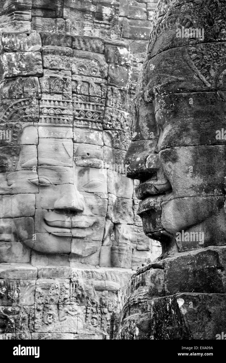 Asia, Cambodia, Siem Reap, Stone carvings of the 12th century Buddhist King Jayavarman VII at Bayon Temple at Angkor Wat Stock Photo