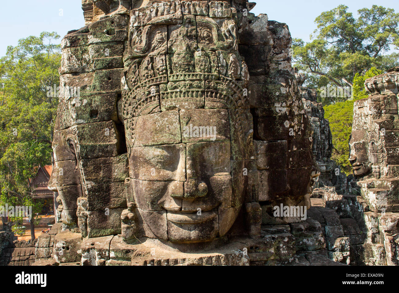 Asia, Cambodia, Siem Reap, Stone carvings of the 12th century Buddhist King Jayavarman VII at Bayon Temple at Angkor Wat Stock Photo