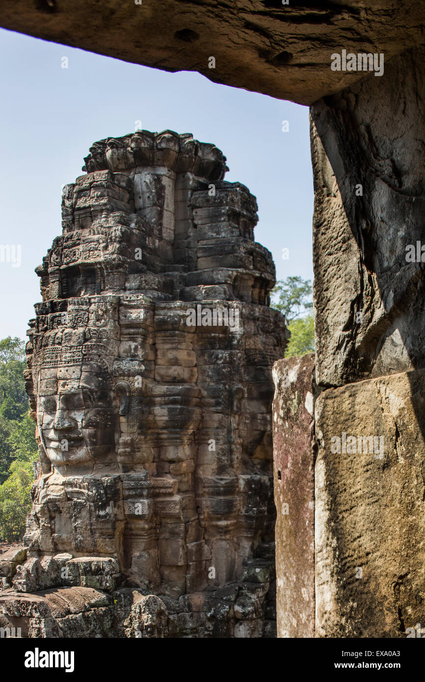 Asia, Cambodia, Siem Reap, Stone carvings of the 12th century Buddhist King Jayavarman VII at Bayon Temple at Angkor Wat Stock Photo