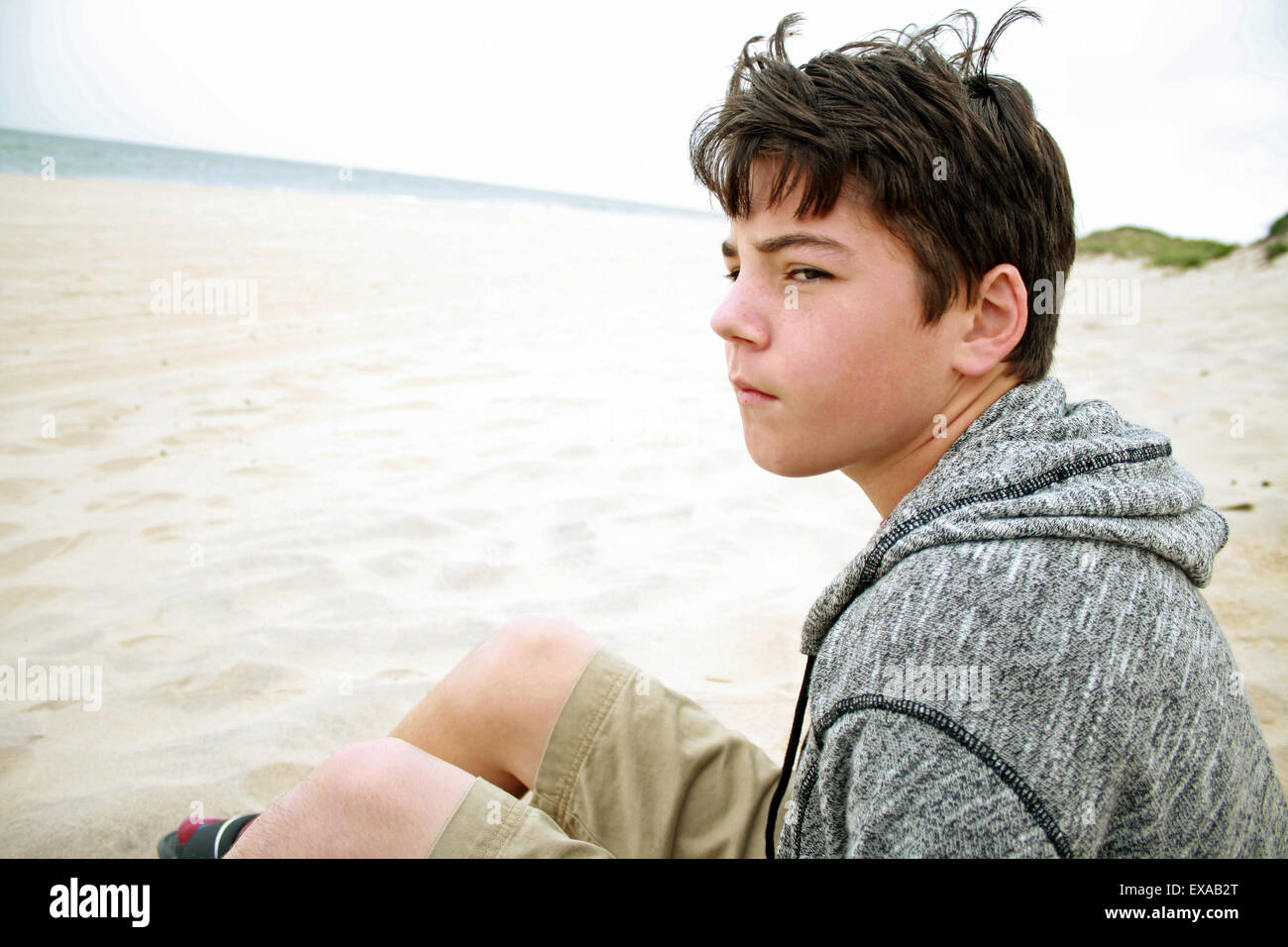 Boy on Beach, Montauk Long Island New York Stock Photo