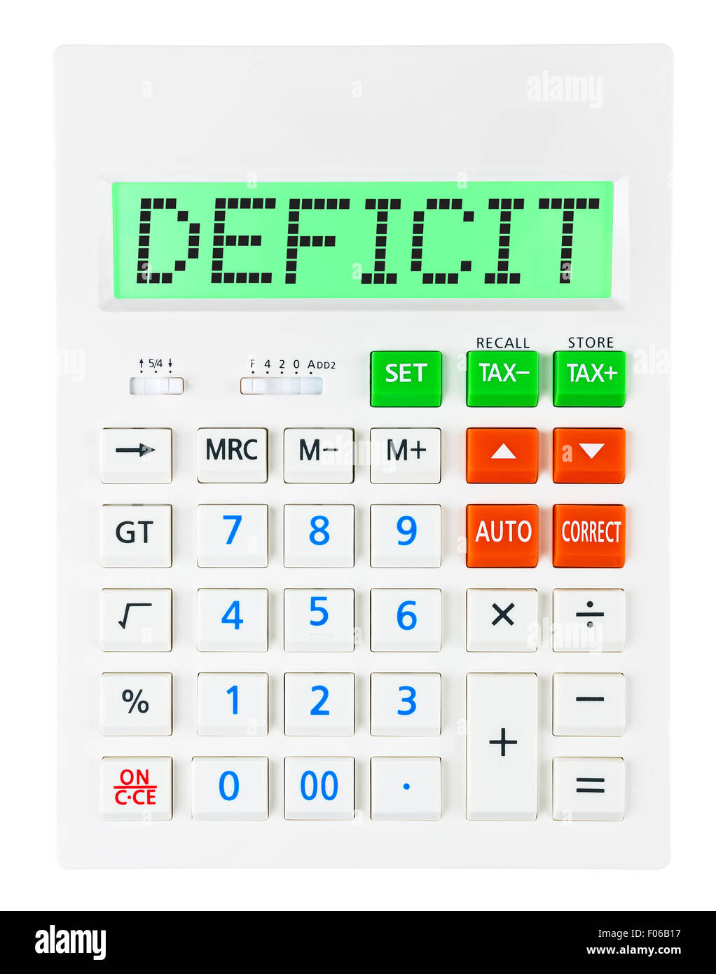 Calculator with DEFICIT on display isolated on white background Stock Photo