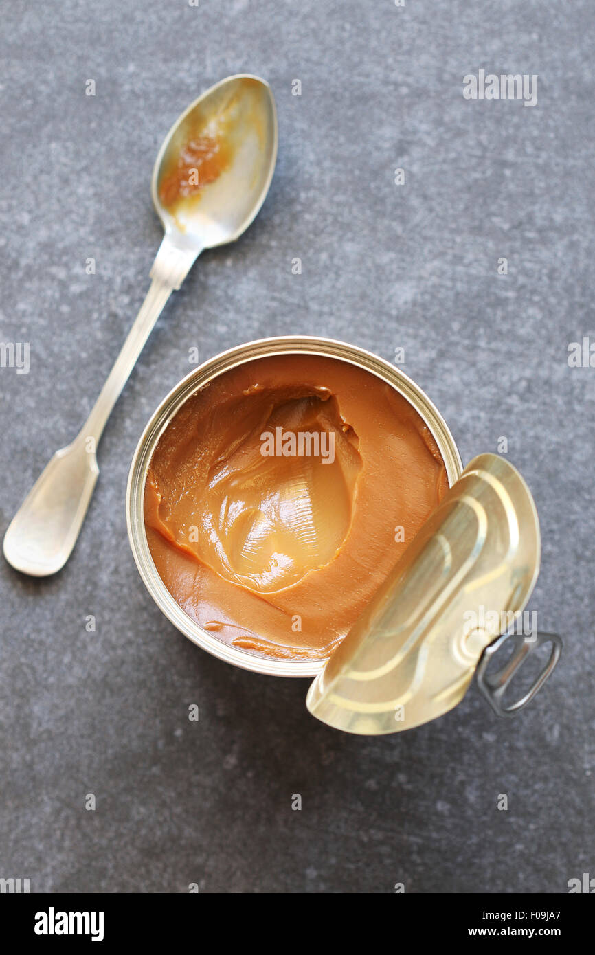 Dulce de leche in a metal tin Stock Photo