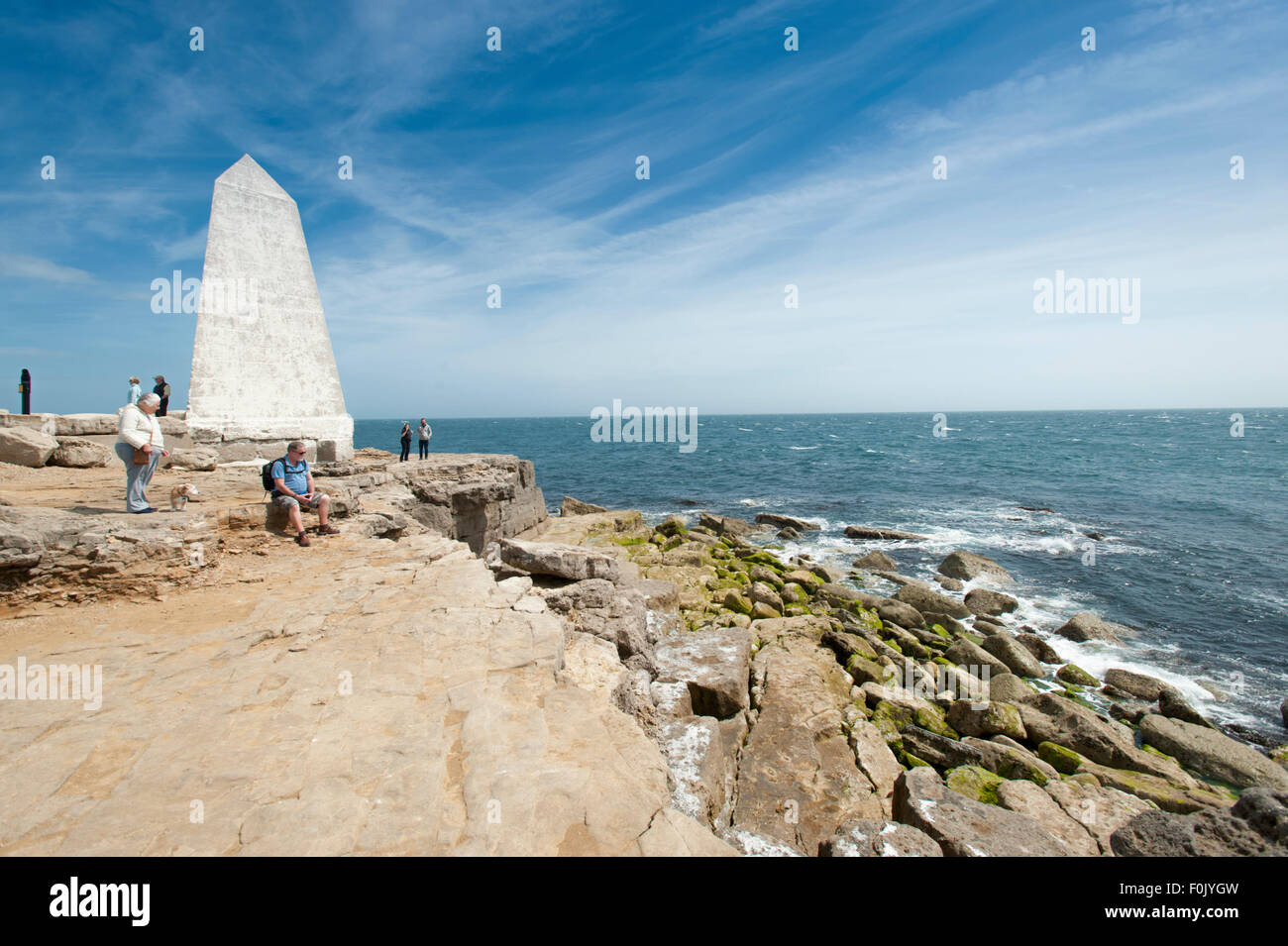 The Trinity House Obelisk or Trinity House Landmark at the southern tip of the Isle of Portland or Portland Bill, Dorset, UK. Stock Photo