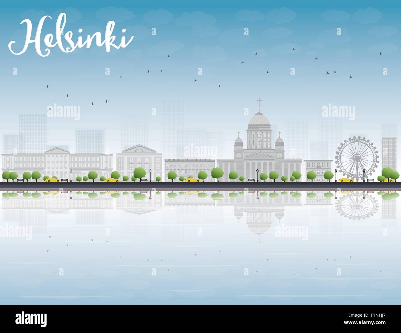 Panorama of Old Town in Helsinki with reflections, Finland. Vector Illustration Stock Vector