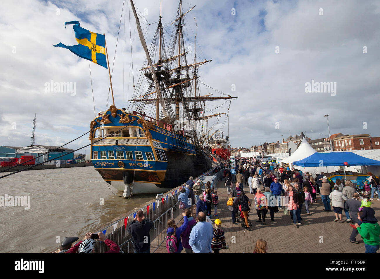 Great Yarmouth Maritime Festival visitors are treated to the world's largest wooden tall ship, the 18th century Götheborg from Sweden. Historic and modern vessels, maritime exhibits and demonstrations, music and costumed re-enactors draw thousands every year. Credit:  Adrian Buck/Alamy Live News Stock Photo