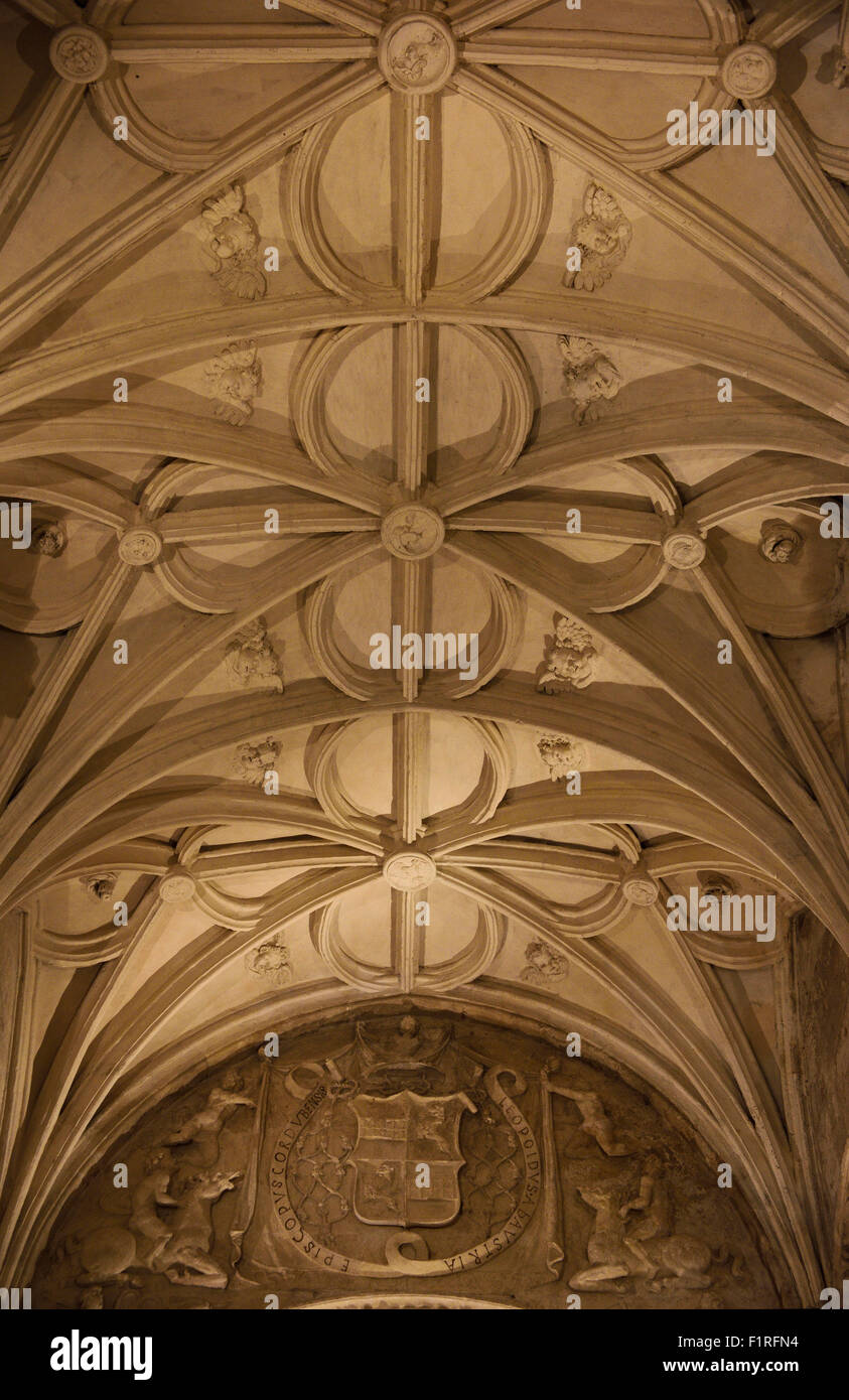 Ancient crest on high ceiling of the Hypostyle Prayer Hall in the Cordoba Cathedral Mosque Stock Photo