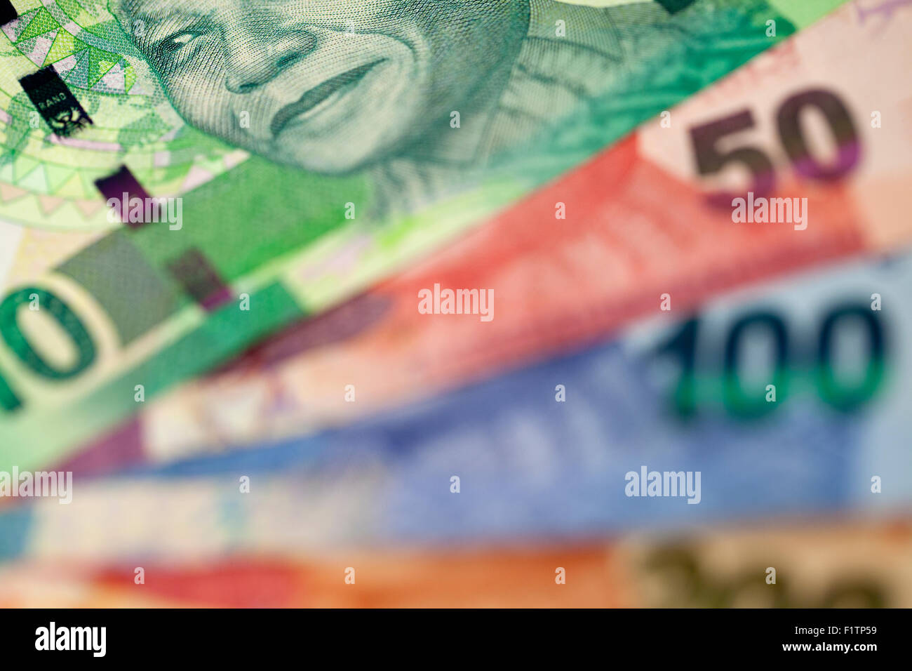 The portrait of Nelson Mandela on a selection of South African bank notes Stock Photo