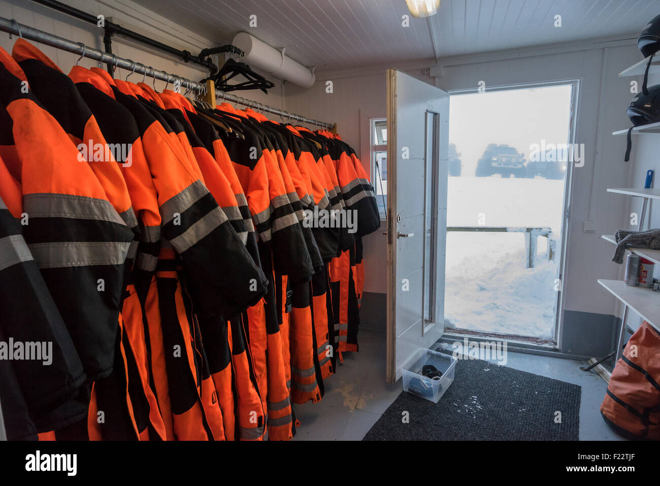 Snowsuits. Snowmobile trip in the Central Highlands of Iceland. Stock Photo