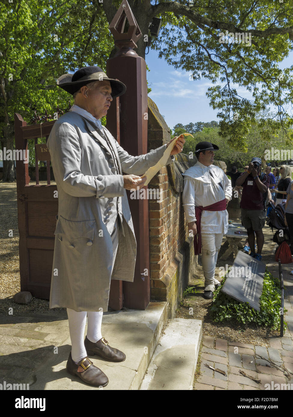 Man in historic garb reading the Declaration of Independence at the Colonial  living-history museum Virginia USA Stock Photo