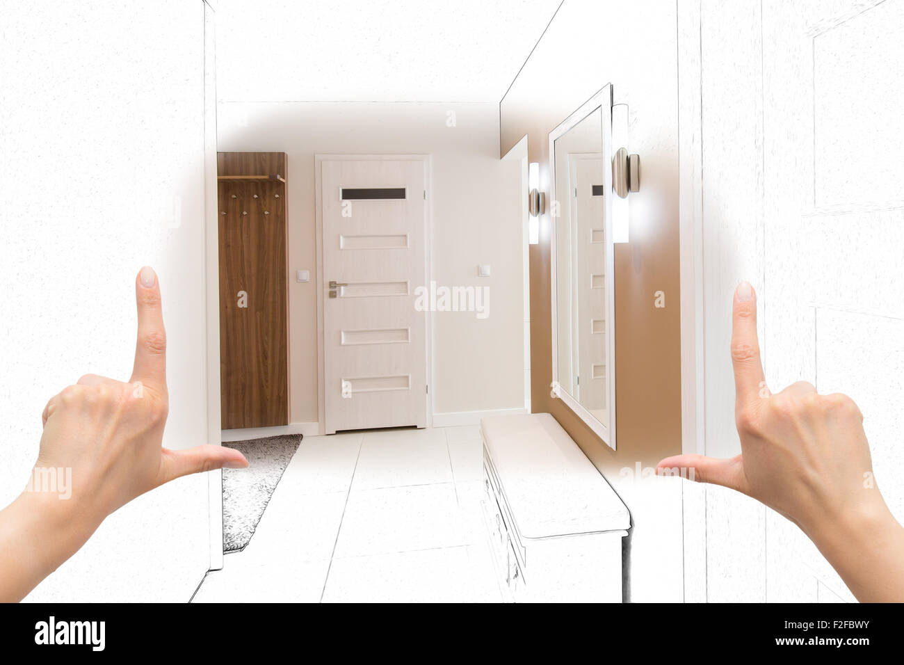 Female hands framing custom anteroom design. Combination drawing and photo. Stock Photo