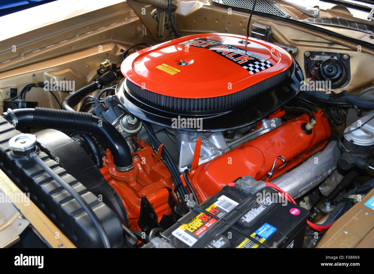 A Dodge 440 Six Pack engine on display at a car show. Stock Photo