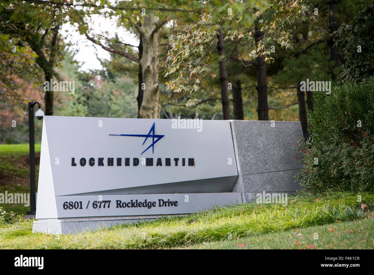 A logo sign outside of the headquarters of Lockheed Martin in Bethesda, Maryland on October 18, 2015. Stock Photo