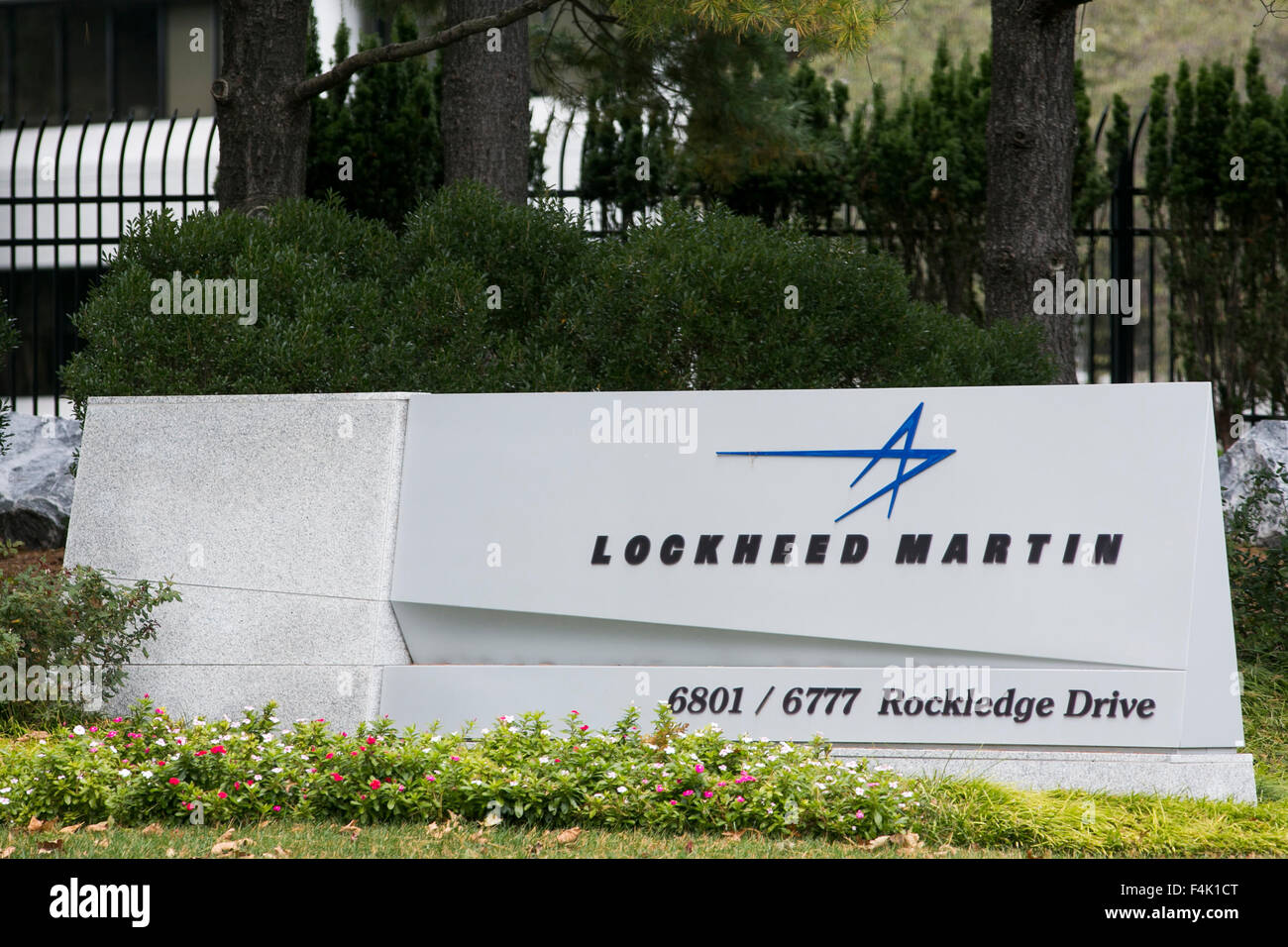 A logo sign outside of the headquarters of Lockheed Martin in Bethesda, Maryland on October 18, 2015. Stock Photo