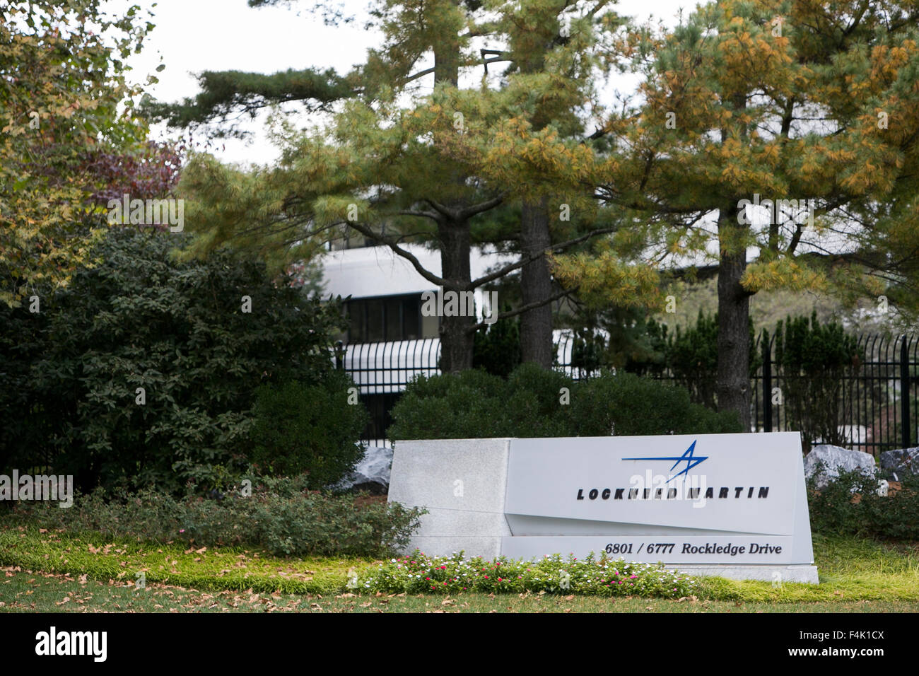 A logo sign outside of the headquarters of Lockheed Martin in Bethesda, Maryland on October 18, 2015. Stock Photo