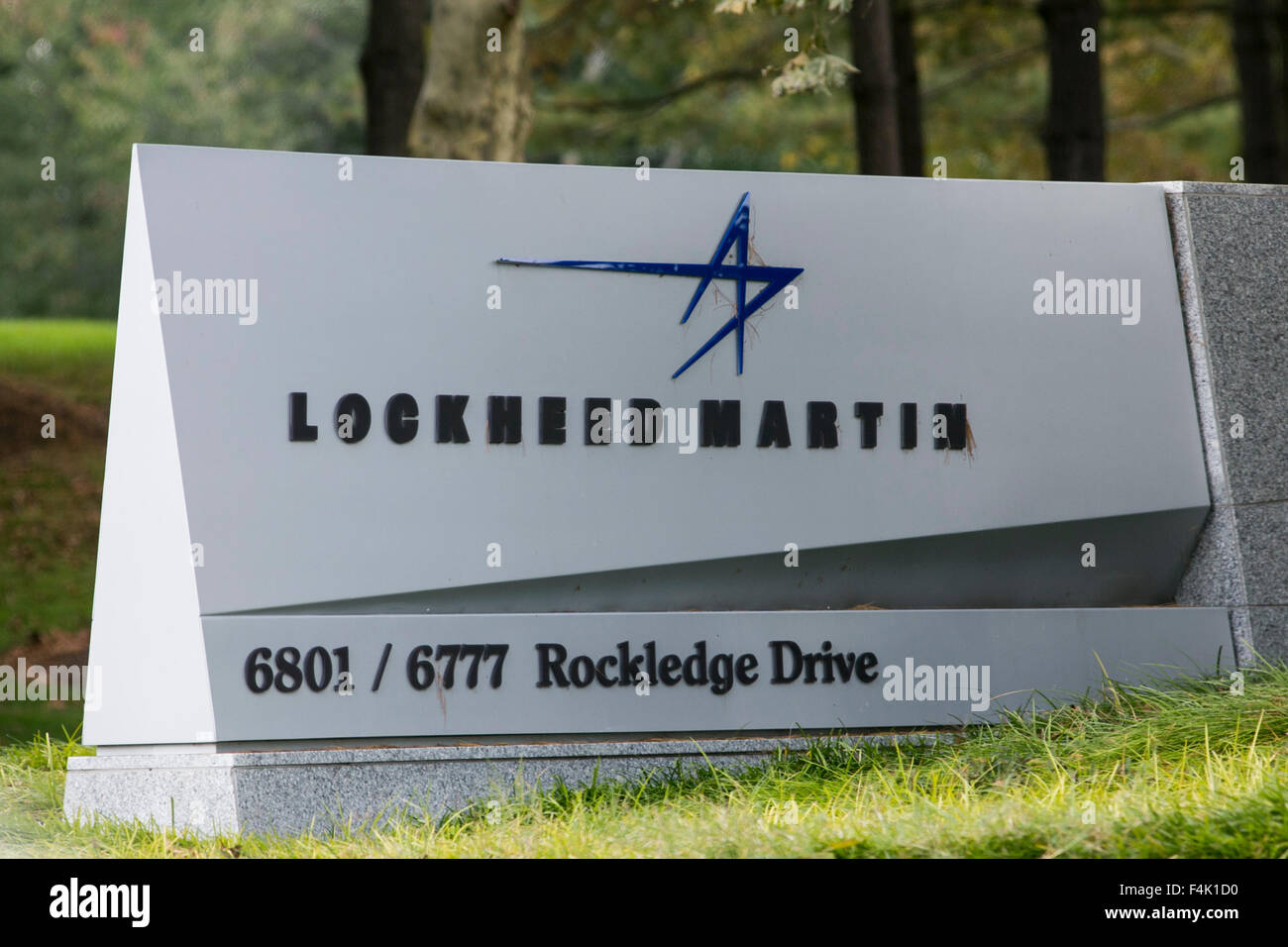 A logo sign outside of the headquarters of Lockheed Martin in Bethesda, Maryland on October 18, 2015. Stock Photo