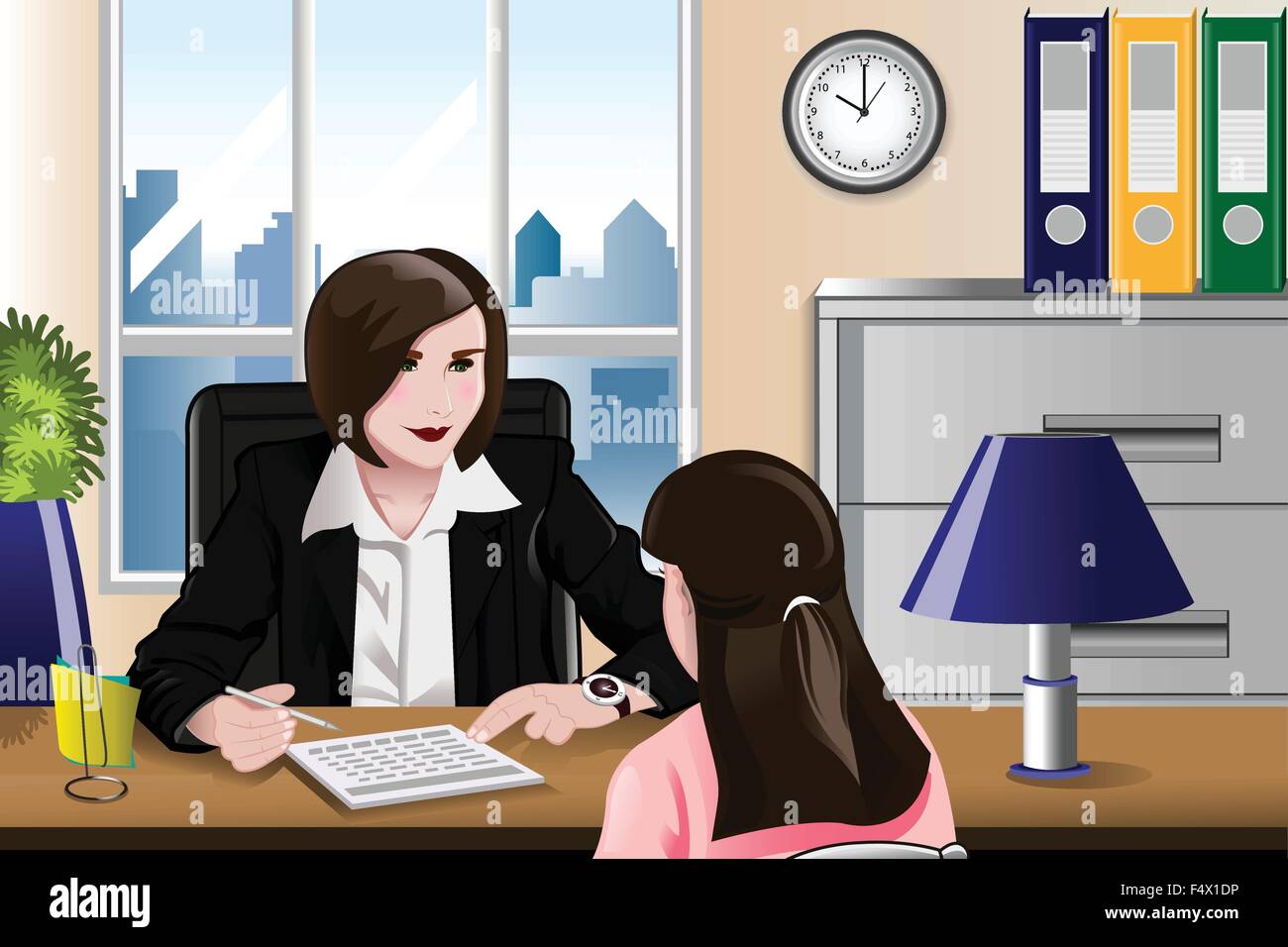 A vector illustration of woman having a job interview in the office Stock Vector