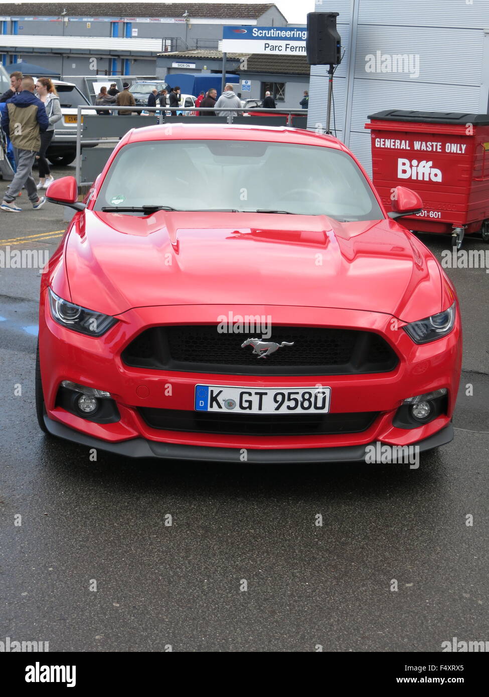 Ford Mustang 5.0 Litre - 2015 pre launch german registered in red as shown at donnington park at RS owners club car event showing front of car with lower spoiler Stock Photo