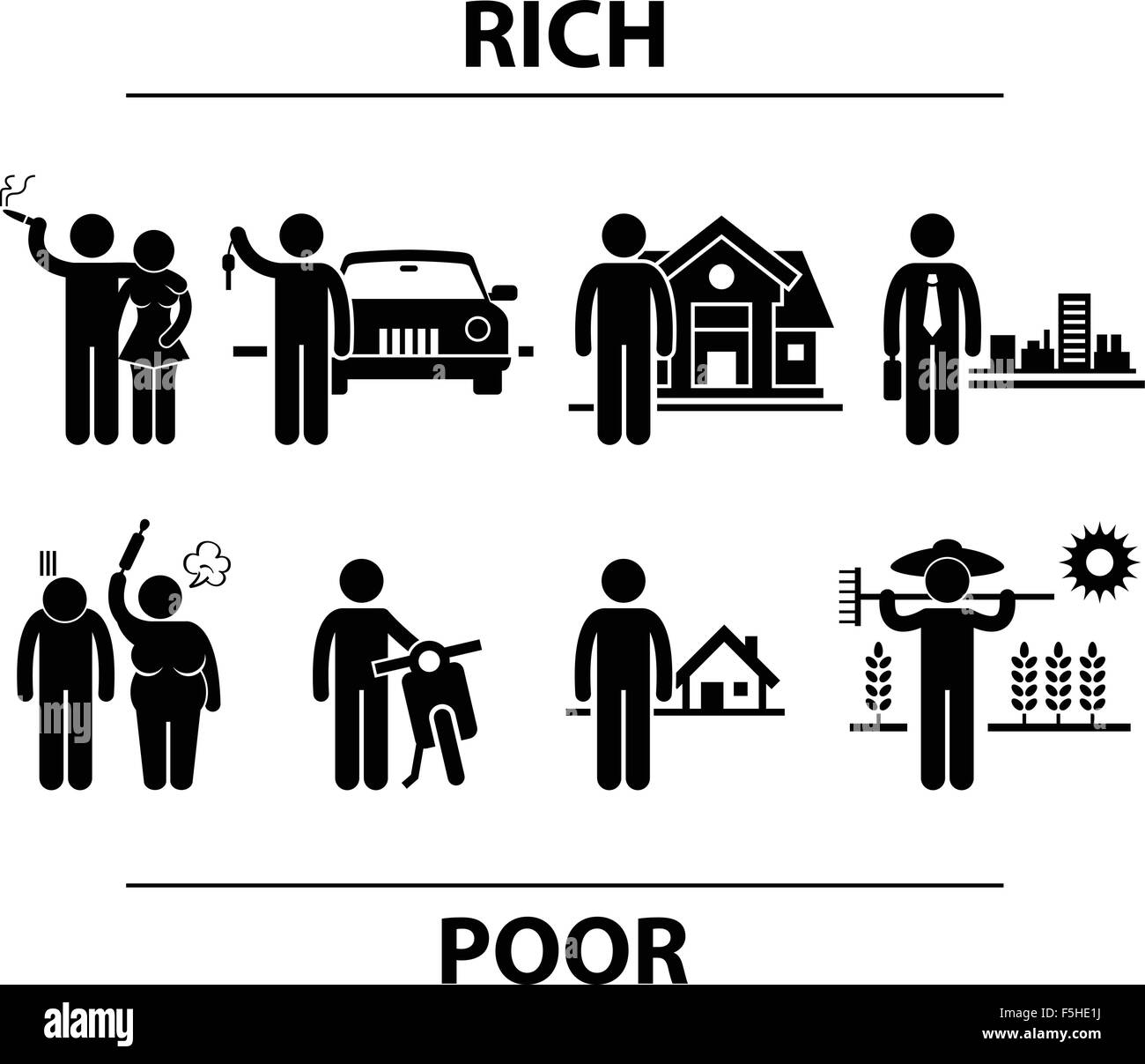 Rich and Poor Man Financial Differences Concept Stick Figure Pictogram Icon Stock Vector