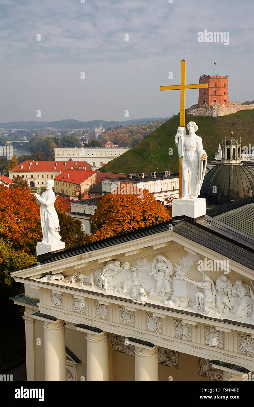 Panorama of cathedral of Vilnius and Gediminas Castle from the top of the bell tower Stock Photo