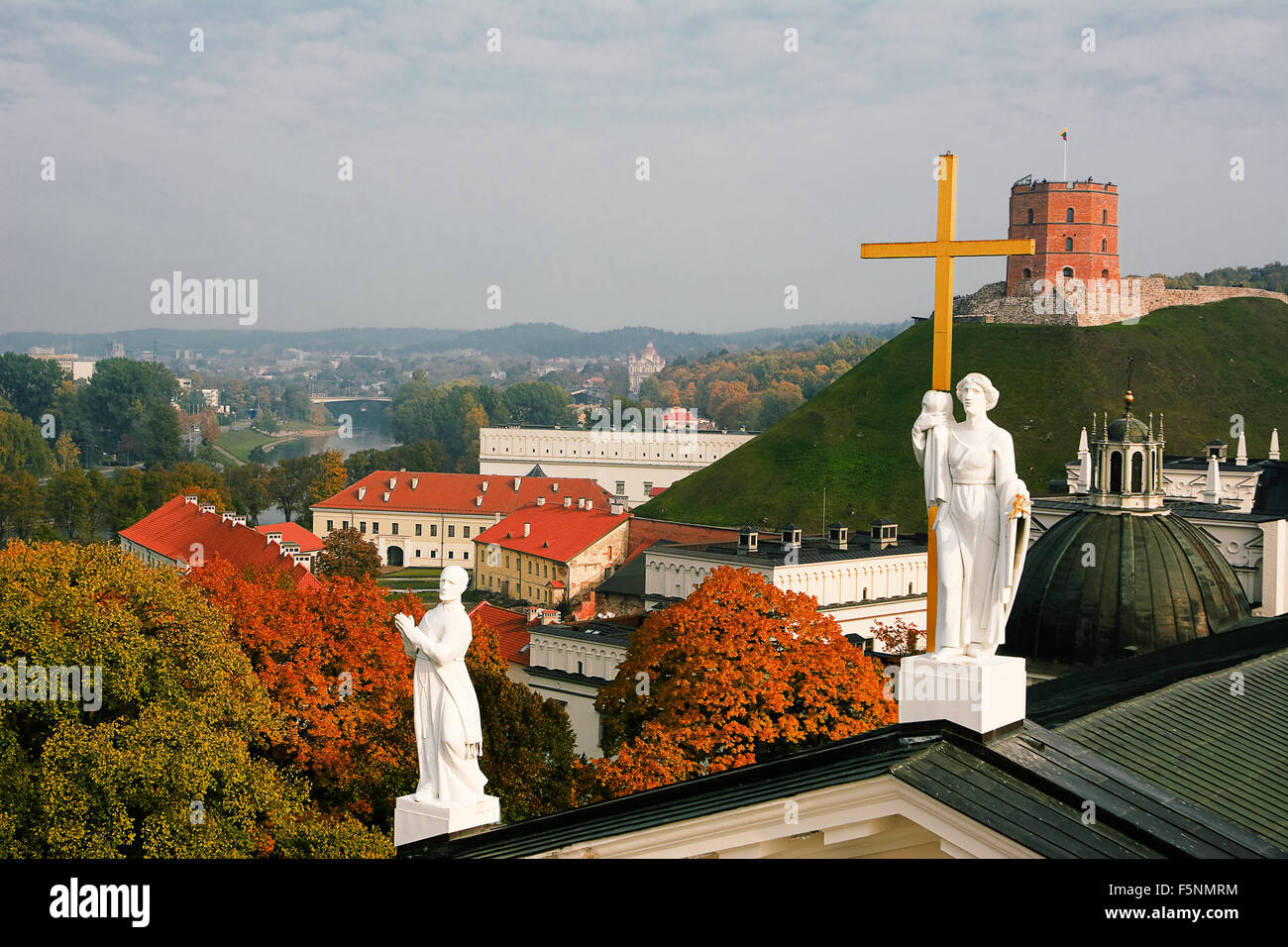 Panorama of cathedral of Vilnius and Gediminas Castle from the top of the bell tower Stock Photo