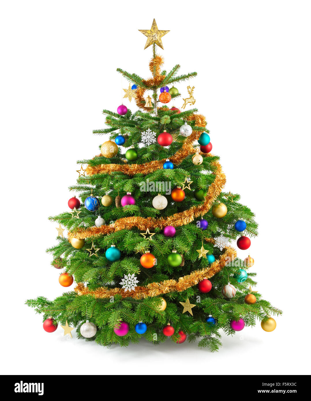 Joyful studio shot of a Christmas tree with colorful ornaments, isolated on white Stock Photo