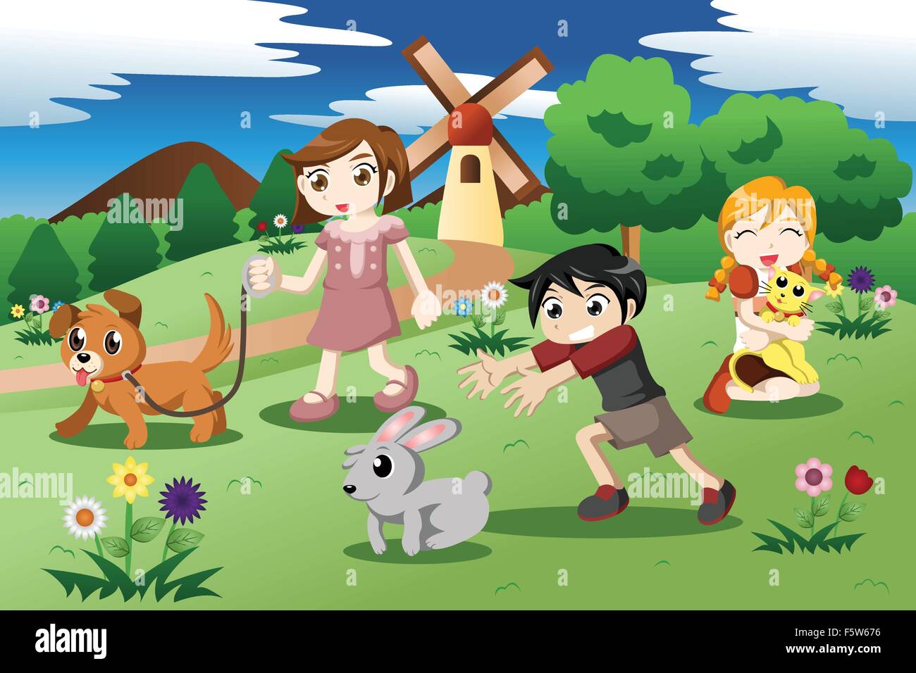 A vector illustration of cute kids playing with their pets in the garden Stock Vector