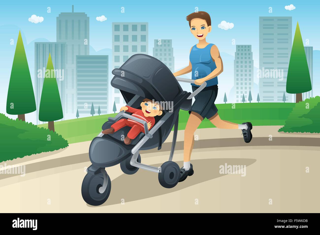 A vector illustration of father jogging while pushing a stroller in the city Stock Vector