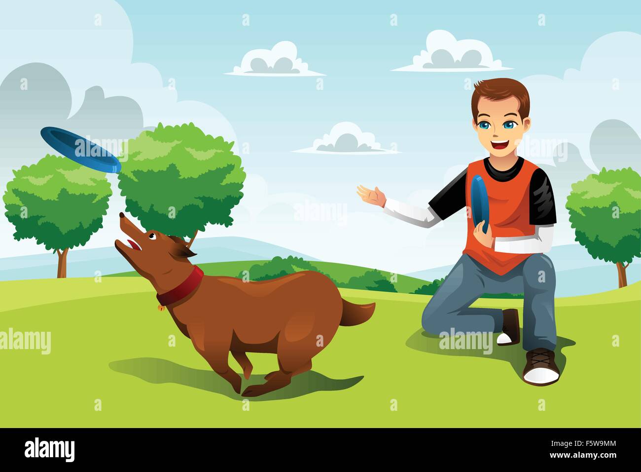 A vector illustration of young man playing frisbee with his dog in the park Stock Vector