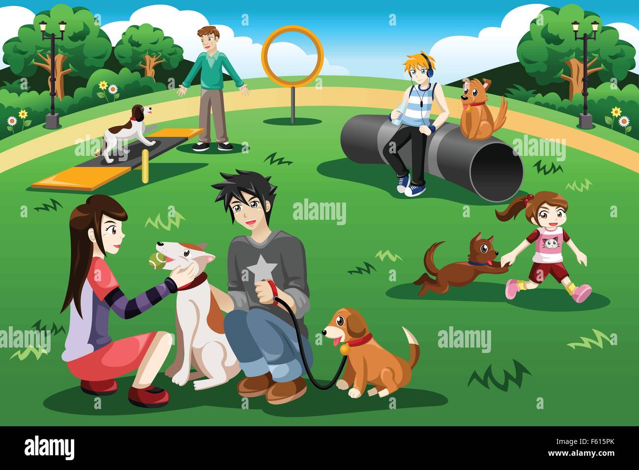 A vector illustration of people having fun in a dog park Stock Vector