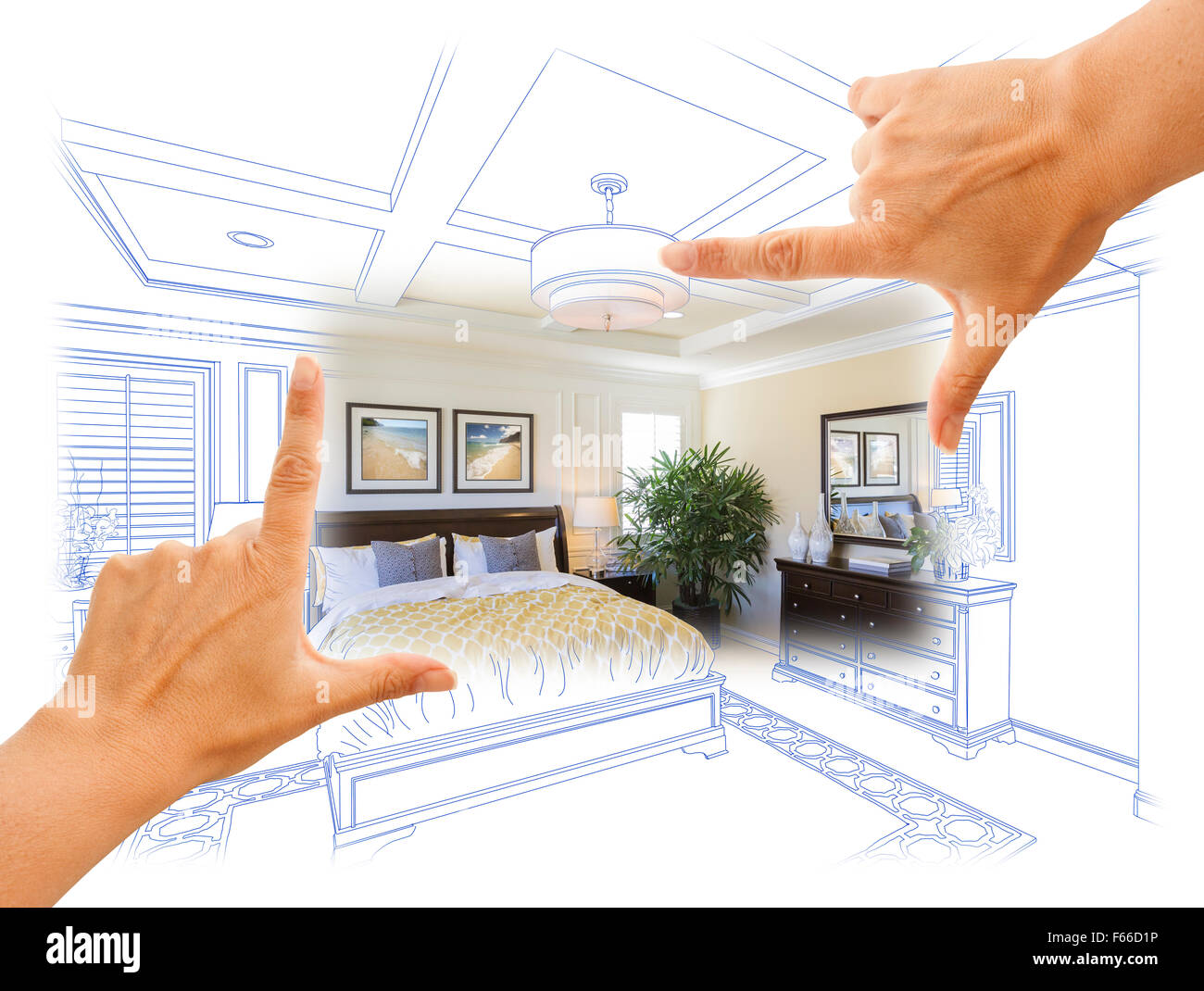 Beautiful Hands Framing Custom Bedroom Drawing Photograph Combination. Stock Photo