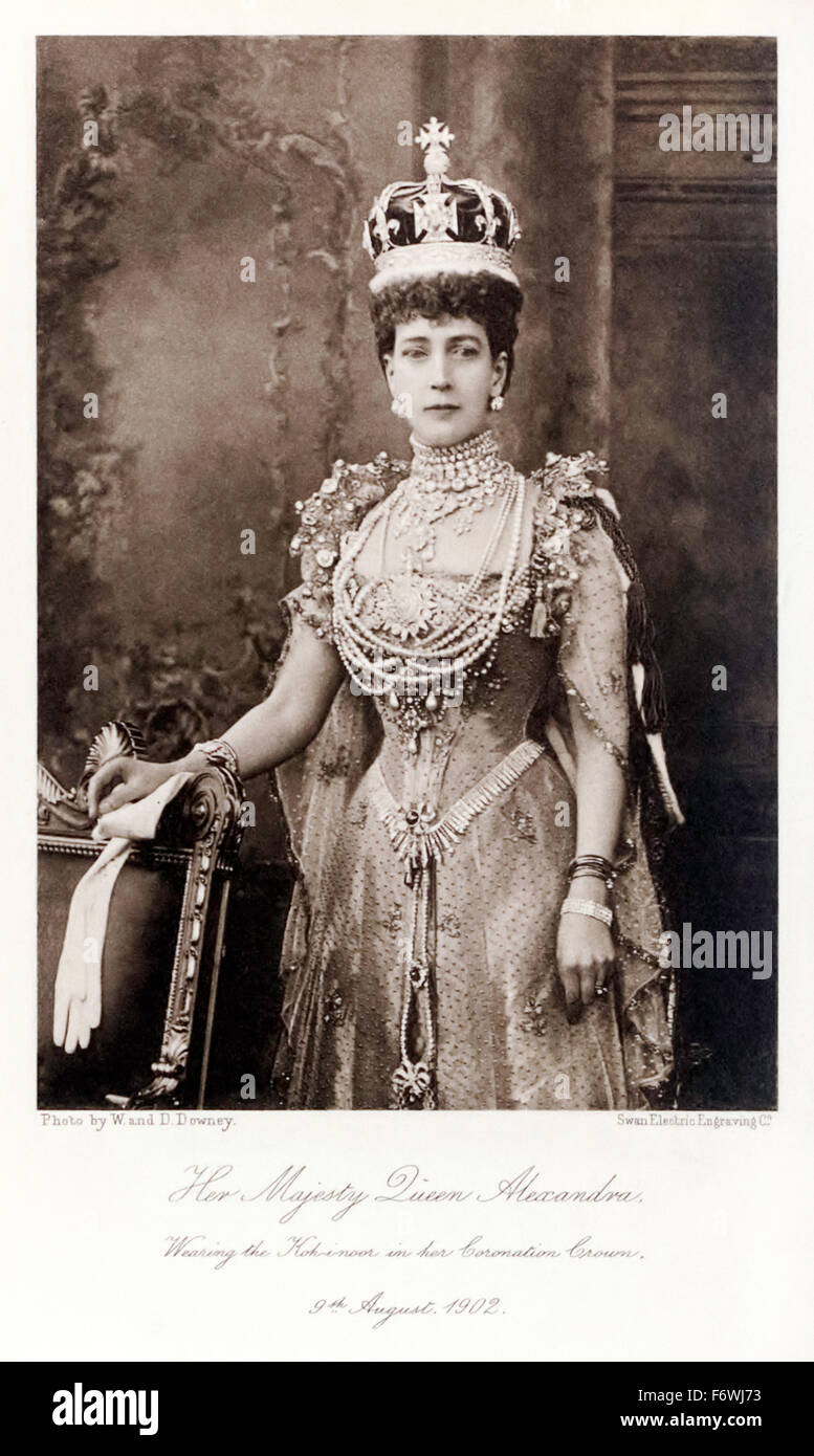 Her Majesty Queen Alexandra (1844-1925) (aka Alexandra of Denmark) Queen consort of the United Kingdom of Great Britain and Ireland and Empress consort of India as the wife of King-Emperor Edward VII. Photographed wearing the Mountain of Light or Koh-i-Noor diamond newly set in her Coronation Crown on 9th August 1902. Stock Photo