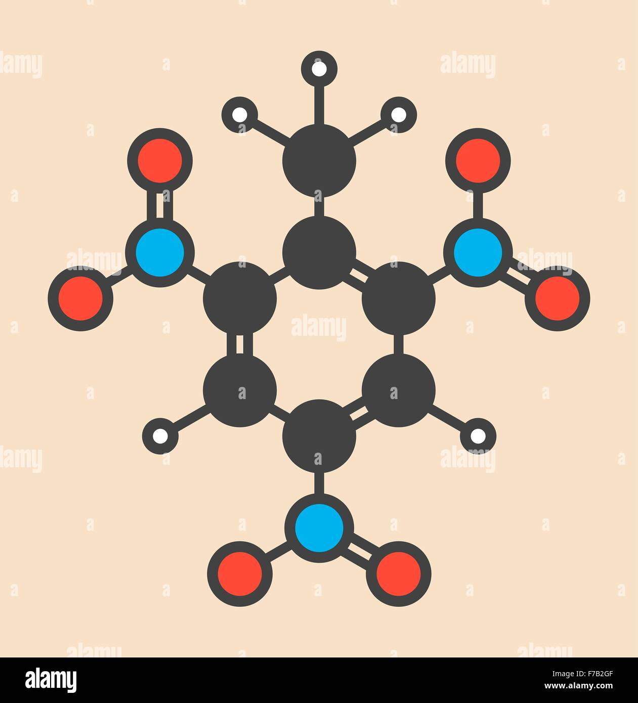 Trinitrotoluene (TNT) high explosive molecule. Stylized skeletal formula (chemical structure). Atoms are shown as color-coded Stock Photo