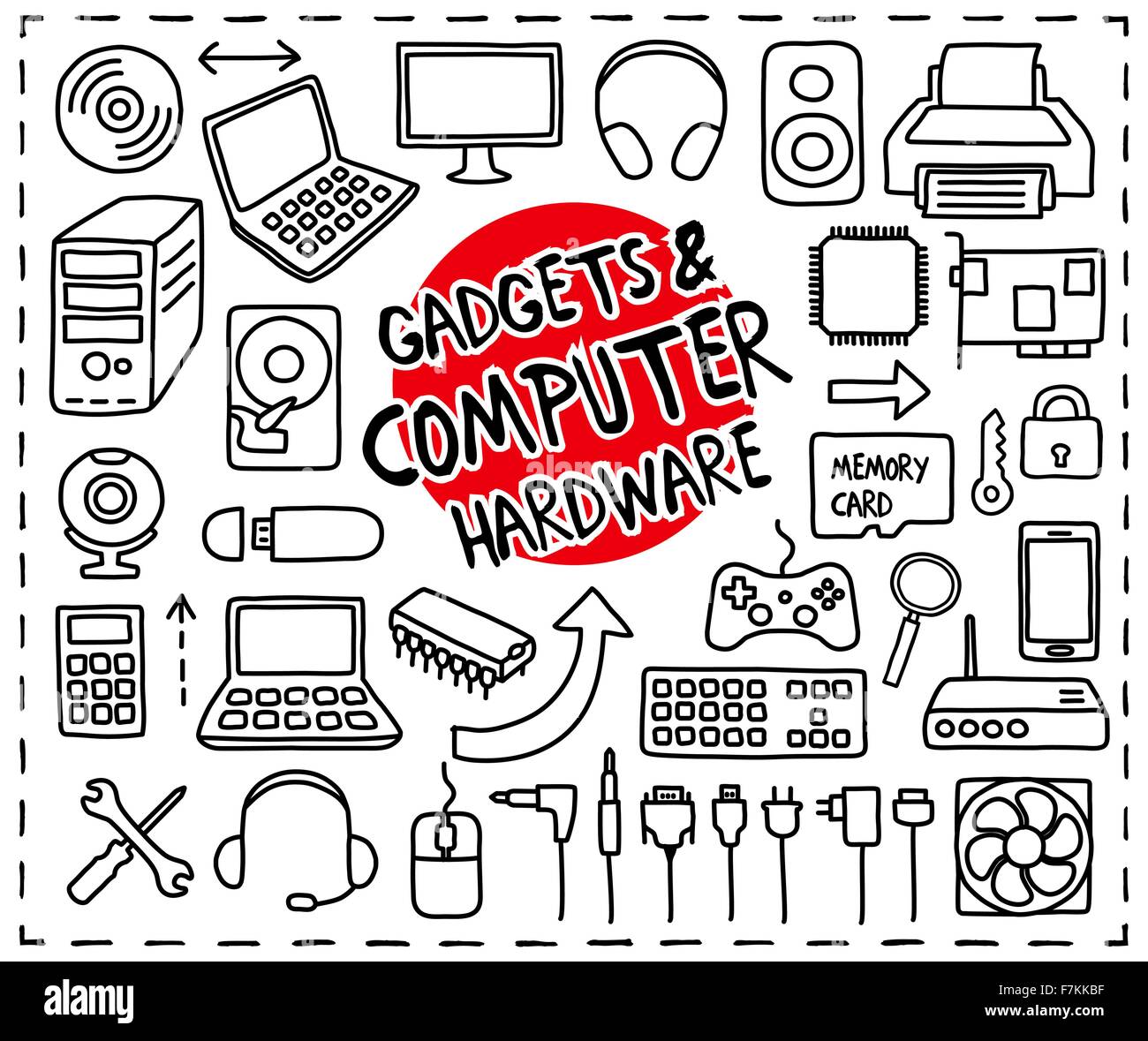 Doodle Computer Hardware icons Stock Vector