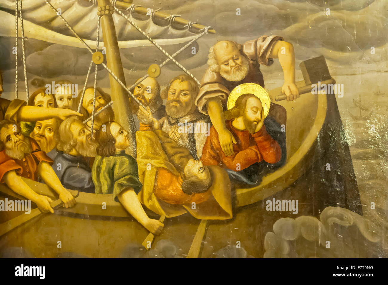 Armenian Apostolic Church, Mural, storm, Jesus with his disciples in the boat during a storm, Bethlehem Church or Bedkhem Church Stock Photo