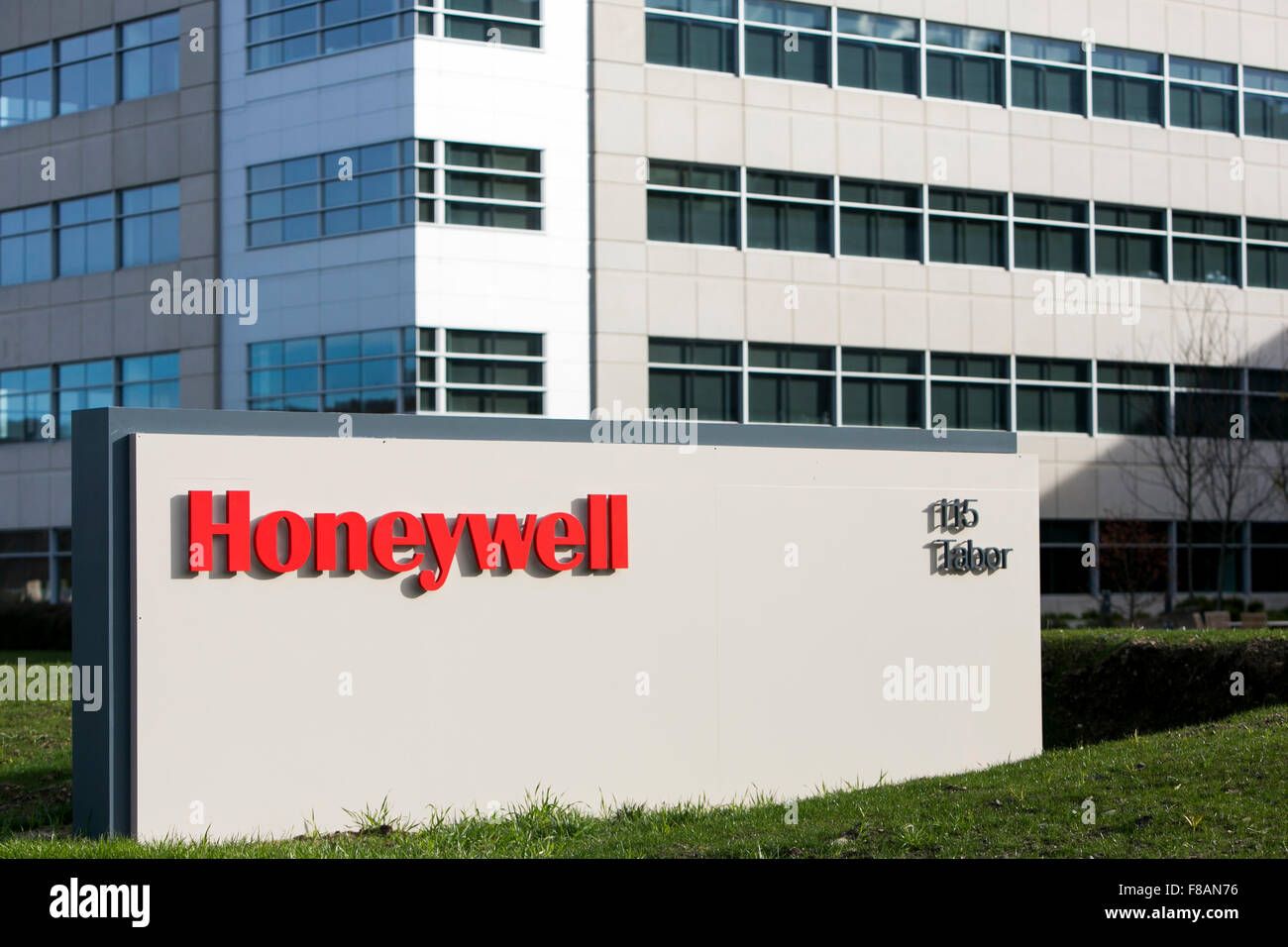 A logo sign outside of the new headquarters building of Honeywell International, Inc., in Morris Plains, New Jersey on November  Stock Photo