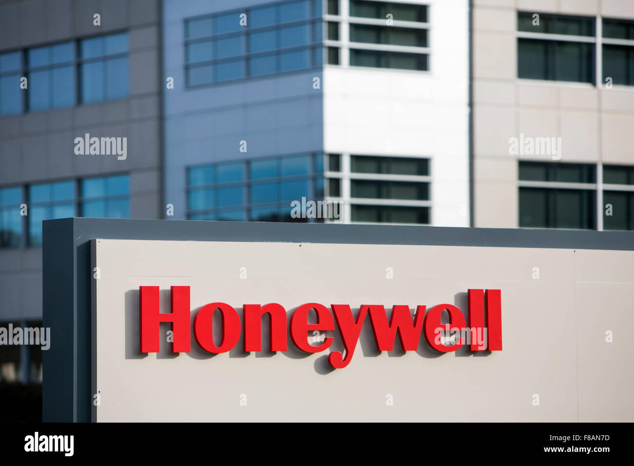 A logo sign outside of the new headquarters building of Honeywell International, Inc., in Morris Plains, New Jersey on November  Stock Photo