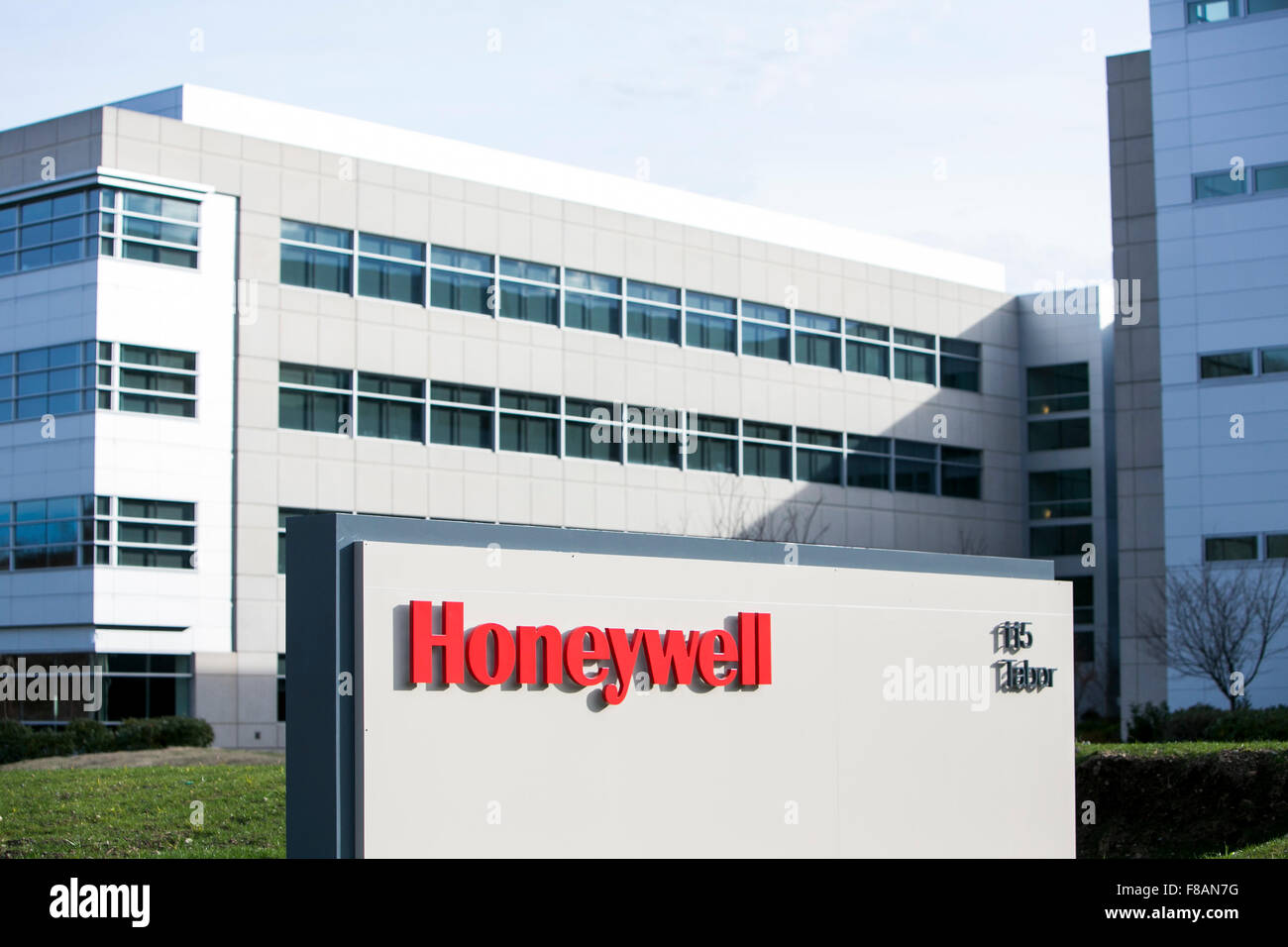 A logo sign outside of the new headquarters building of Honeywell International, Inc., in Morris Plains, New Jersey on November  Stock Photo