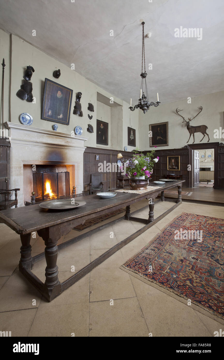 The Hall at Chastleton House, Oxfordshire. The house was built between 1607 and 1612, and the oak panelling is also of the 1600s. The great oak table can be identified in the inventory of 1633. Stock Photo