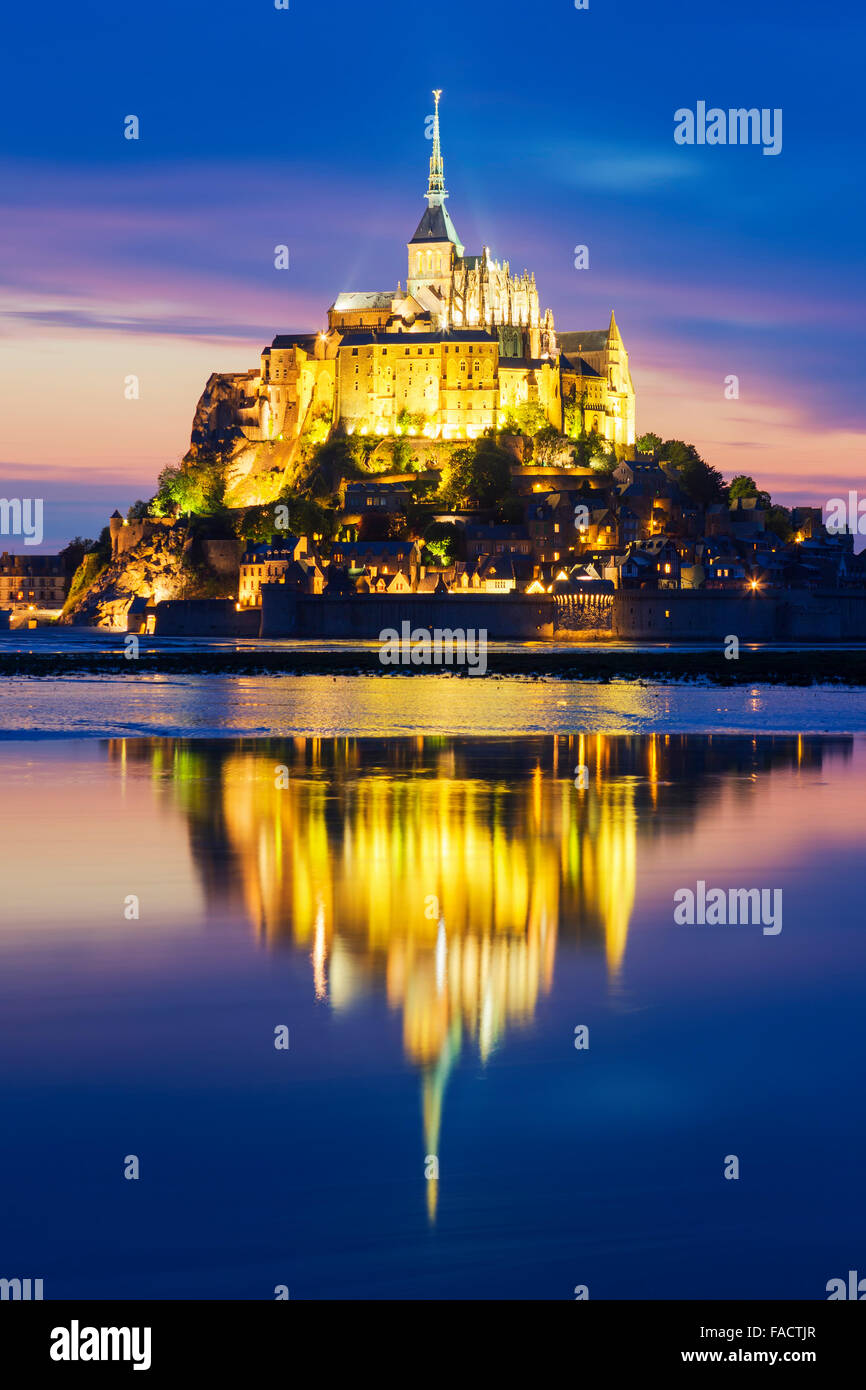 View of famous Mont-Saint-Michel by night, France. Stock Photo