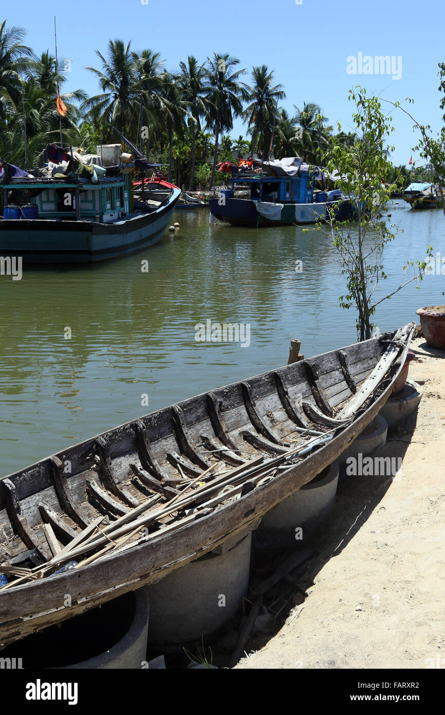 old fashioned boat beside river tourist tour Stock Photo