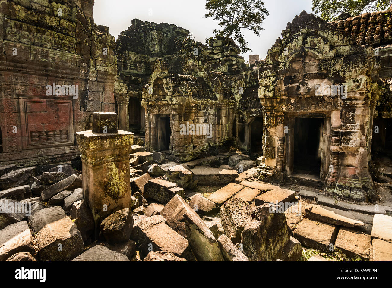 Preah Khan was built in 1191 during the reign of King Jayavarman VII. The central Buddhist temple included an image of the Boddh Stock Photo