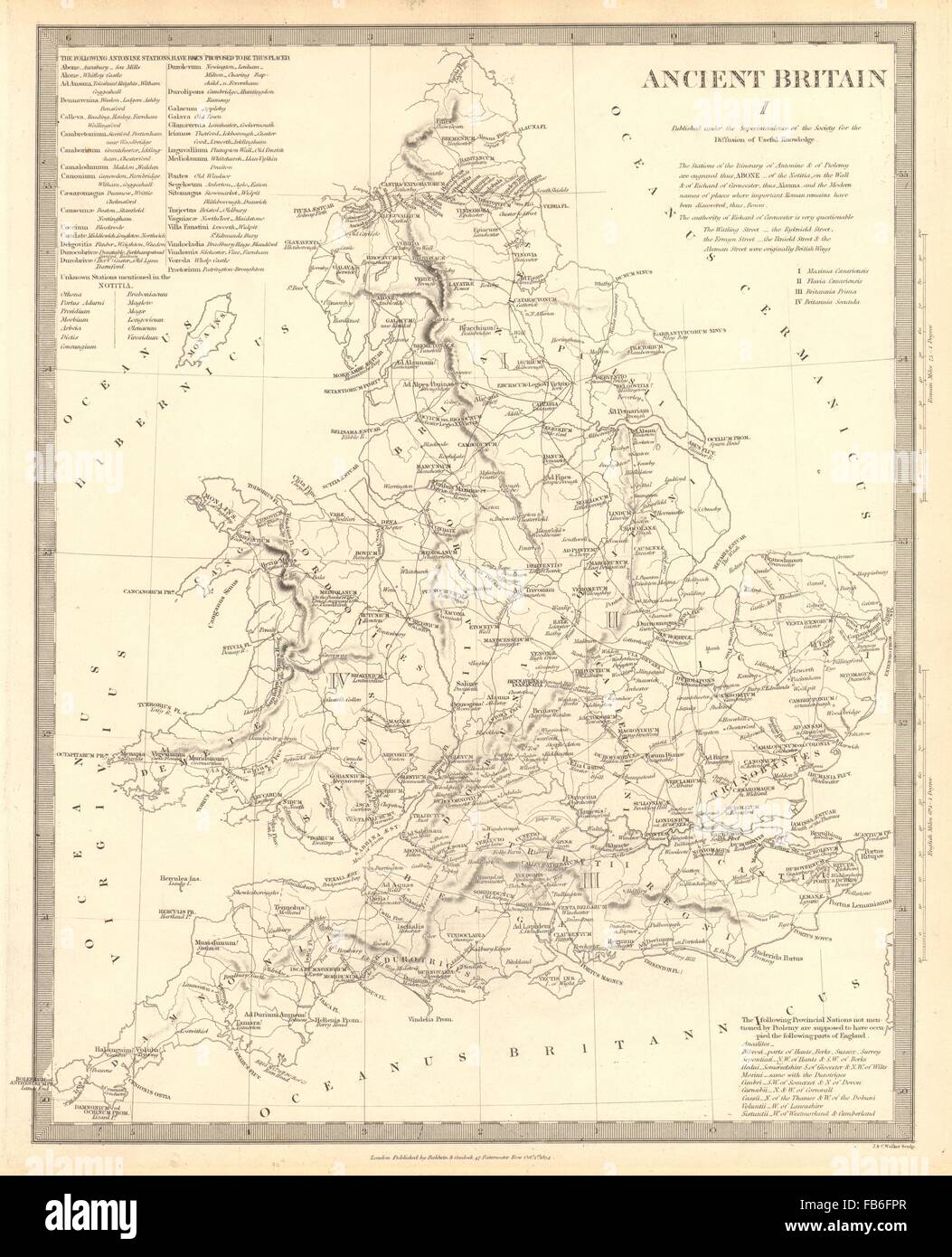 ANCIENT BRITAIN: England & Wales: Roman road town names. Ptolemy SDUK, 1848 map Stock Photo